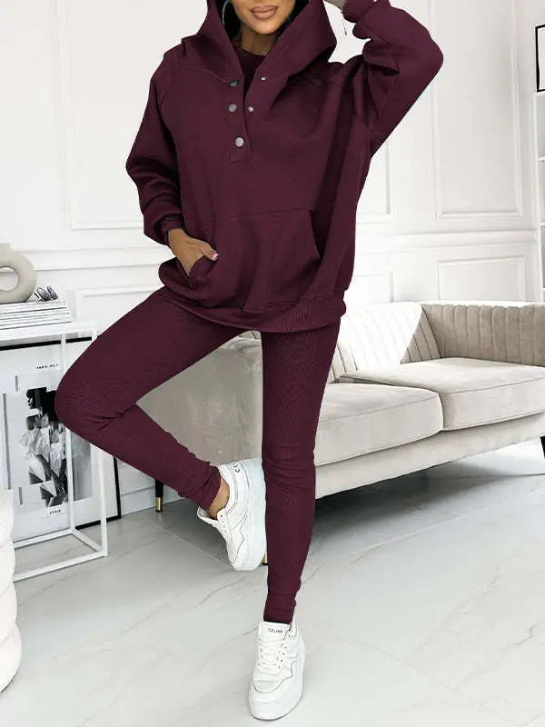 Casual Hooded Sweater Thickened Thread Fitted Vest Pants Three piece Set 2Piece Set Dark Blue - Shop at LoveMi