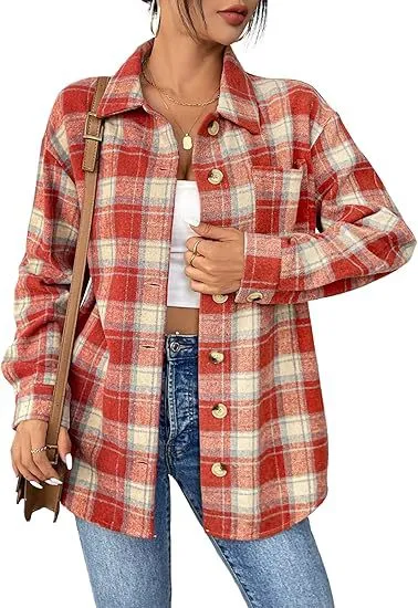 Fashionable Jacket Women's Brushed Woolen Jacket Plaid - Brick Red
