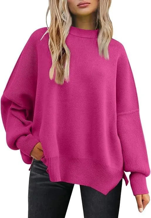 Women's Knitted Side Slit Pullover Rose Red - Shop at LoveMi