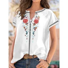 Summer New Ethnic Print Short Sleeve T-shirt Top Women - White - View 1