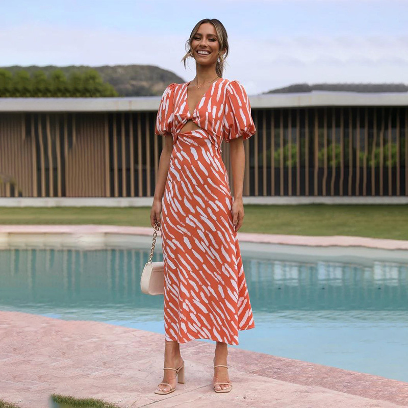 V-neck A- Line Skirt Geometric Print Puff Sleeve Mid-length Dress