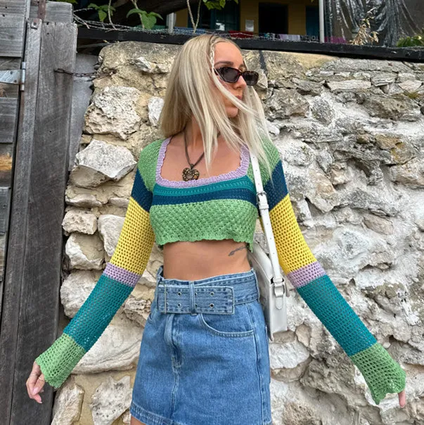 Women's Fashion Colorblock Square Collar Cropped Long Sleeves Knitwear Top Color Matching - Shop at LoveMi