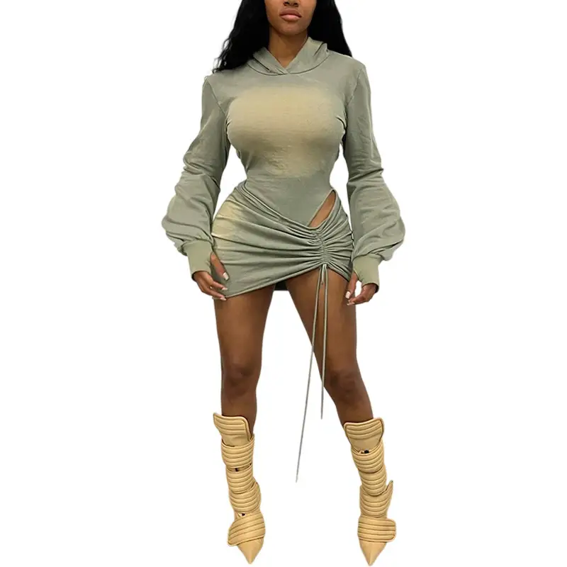 Women's Hooded Long Sleeve Jumpsuit with Drawstring Mini Skirt