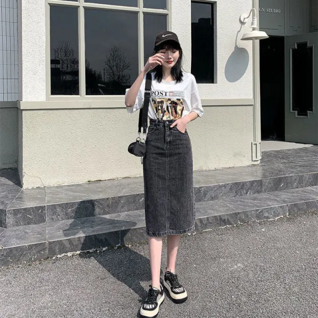 Retro Light Blue Sweet Girl Pleated Denim Skirt Small Slim A Line Skirt Black And Gray Midi Dress - Shop at LoveMi