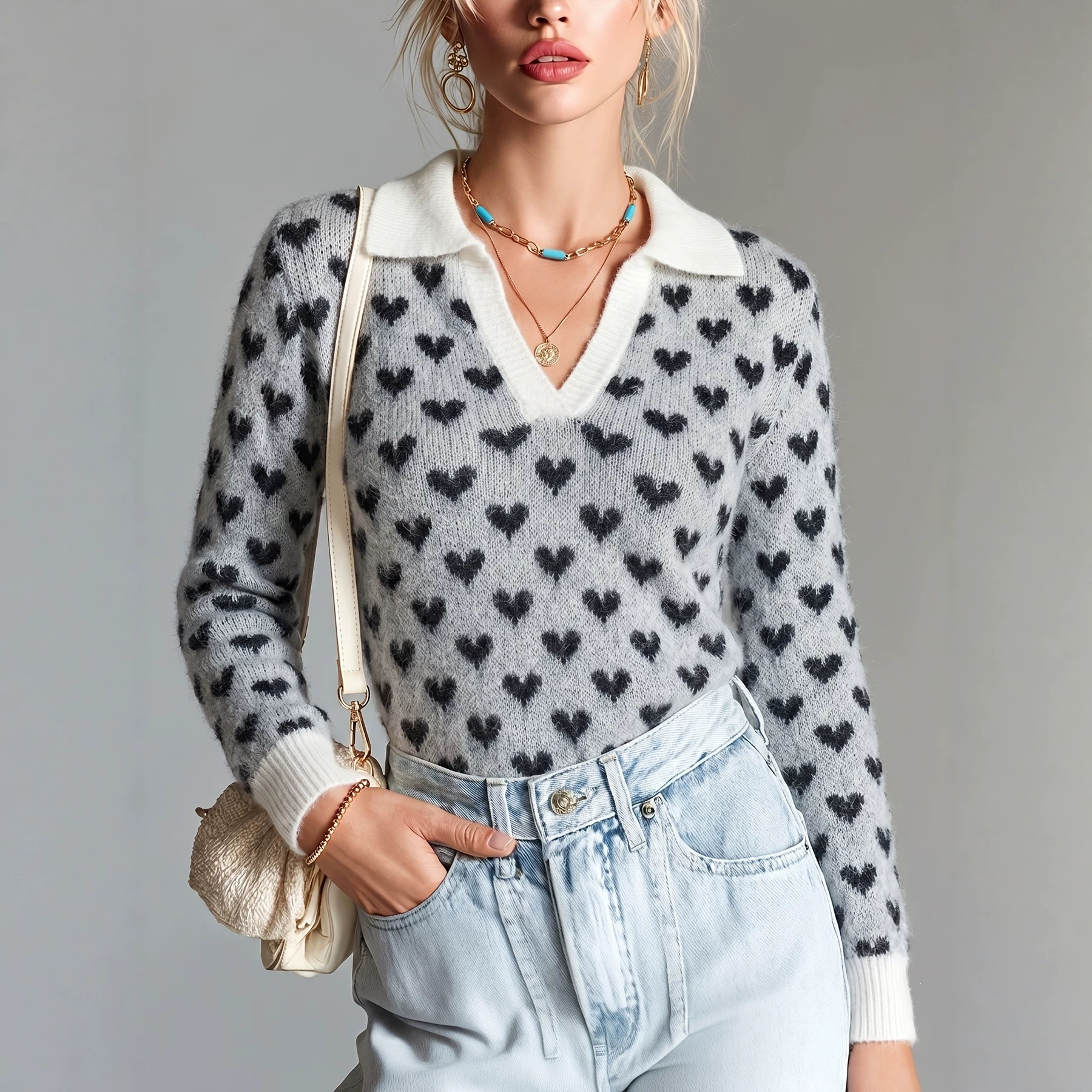 Womens AutumnWinter Black-and-White Heart-Embroidered Knitted Sweater — image 1
