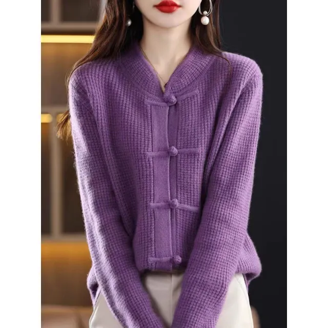 Vintage Buckle Mock Neck Sweater Coat Purple - Shop at LoveMi