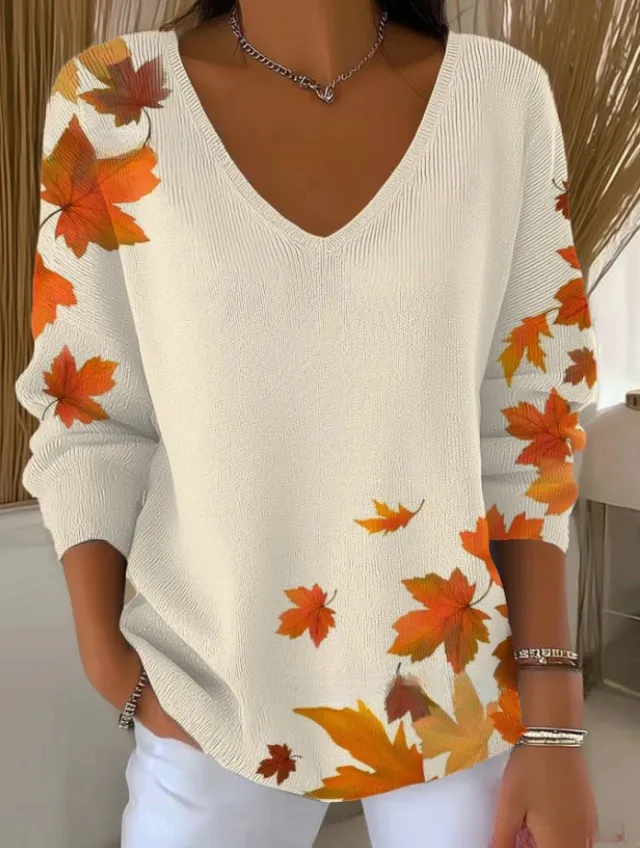 Printed Women's Gradient Color V neck Long sleeved T shirt Ln25090304 - Shop at LoveMi