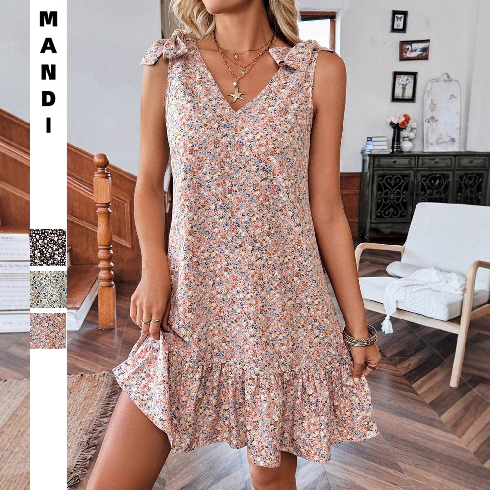SpringSummer New V-Neck Bow-Knot Floral Tank Dress