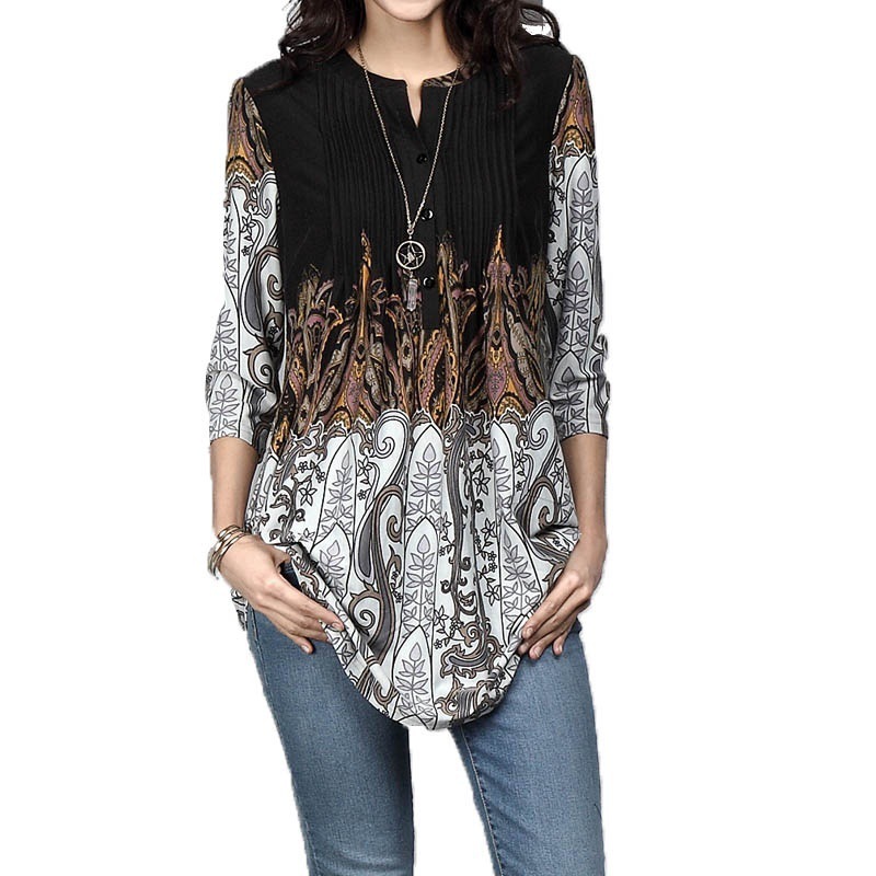 Beauty Clothing Printed Round Neck Pleated 34 Sleeve Top T shirt Shirt Black - Shop at LoveMi