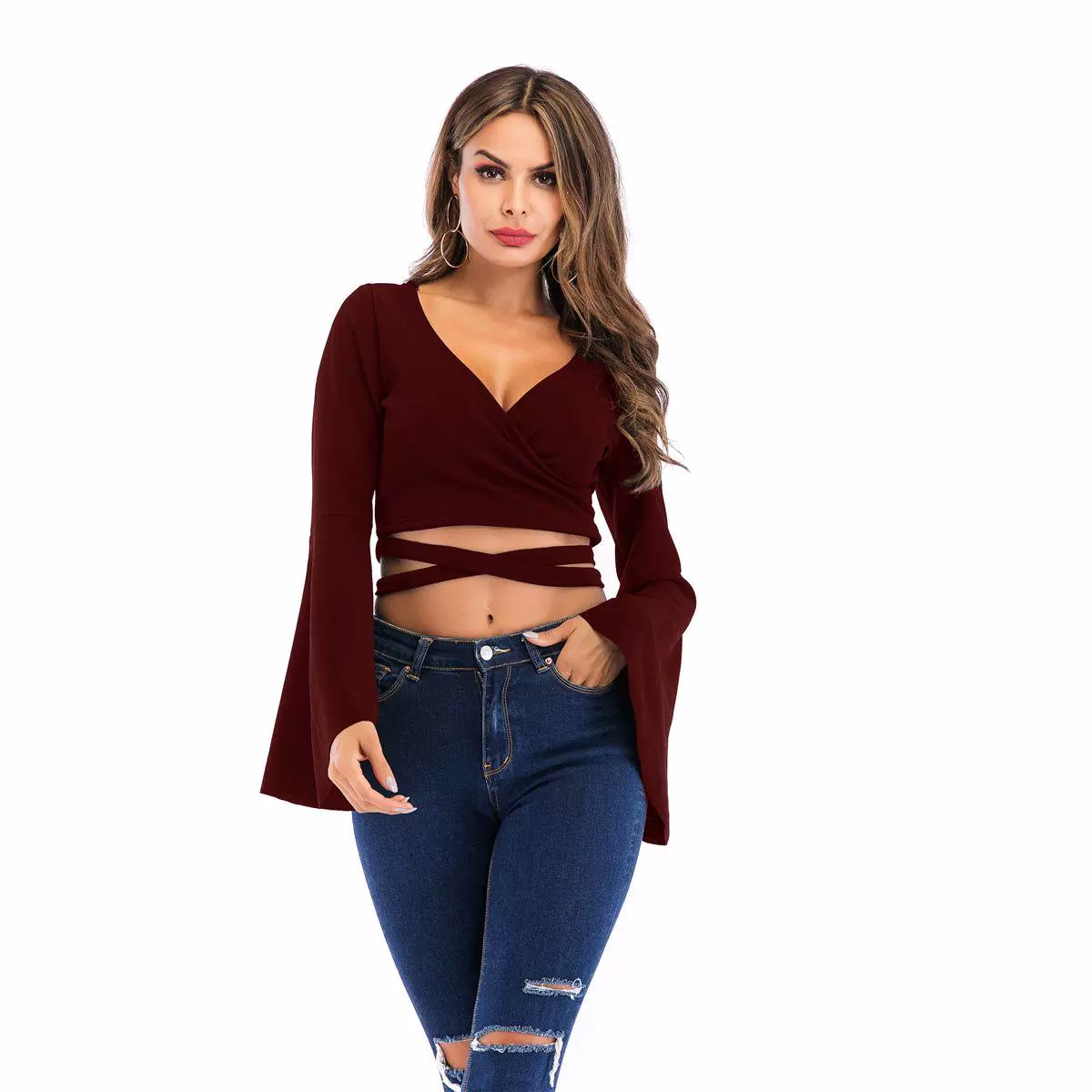 Sexy Lace-up Midriff-baring Long Sleeves With Bell Cuffs thumbnail 4