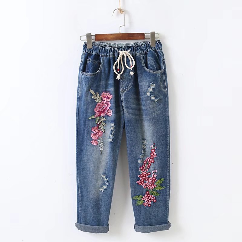 Embroidery Loose All matching Elastic Waistband Hole Cropped Jeans Plum Blossom - Shop at LoveMi