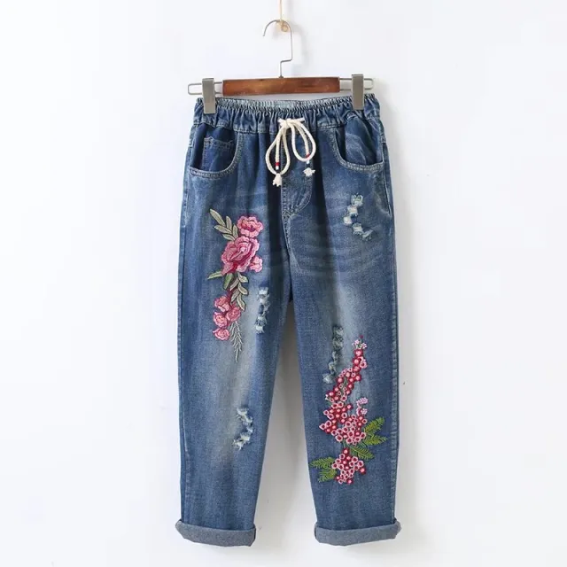 Embroidery Loose All matching Elastic Waistband Hole Cropped Jeans Plum Blossom - Shop at LoveMi