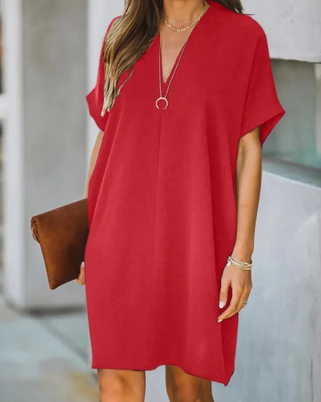 Casual V n Collar Short Sleeve Home Decoration Dress Red - Shop at LoveMi