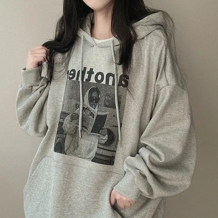 Heavy Hooded Sweater Women's Korean 3D Pattern Fleece-lined - Gray