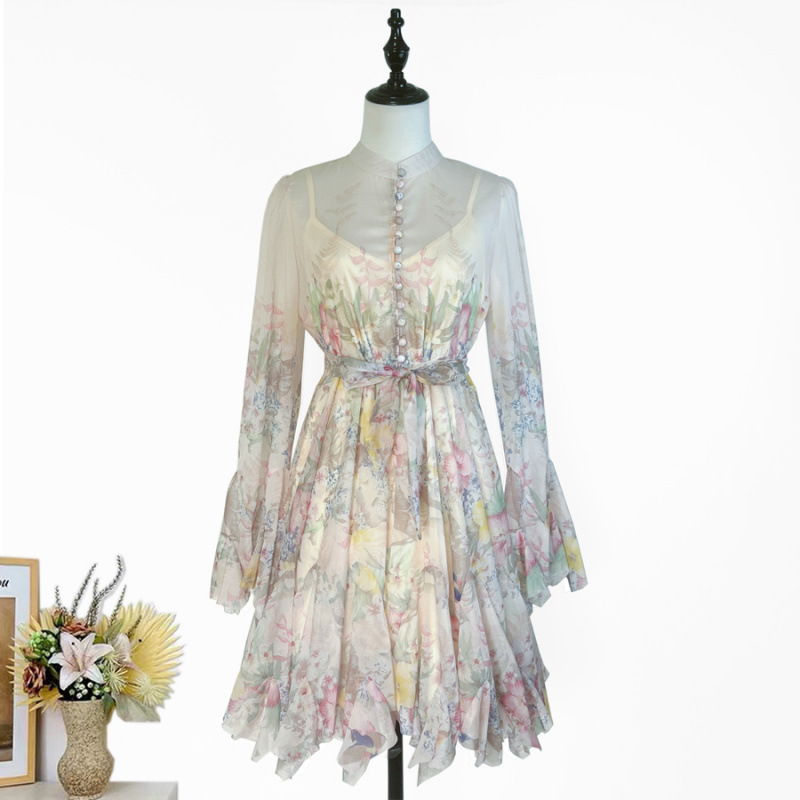 Niche Design Printed Single-breasted Petal Long Sleeve Tight Waist Beautiful Dress Women