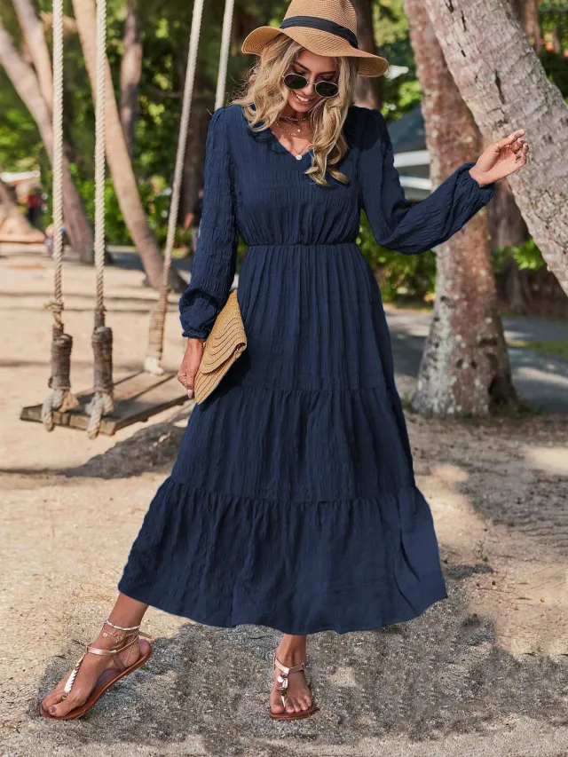 New Spring Style Lantern Sleeve Stitching Women's Clothing Dress Blue - Shop at LoveMi