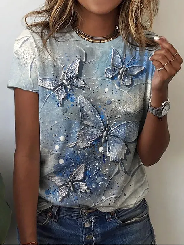 Women's Butterfly Casual Weekend Round Neck Butterfly 3D Printed Short Sleeve Xxxxl - Shop at LoveMi