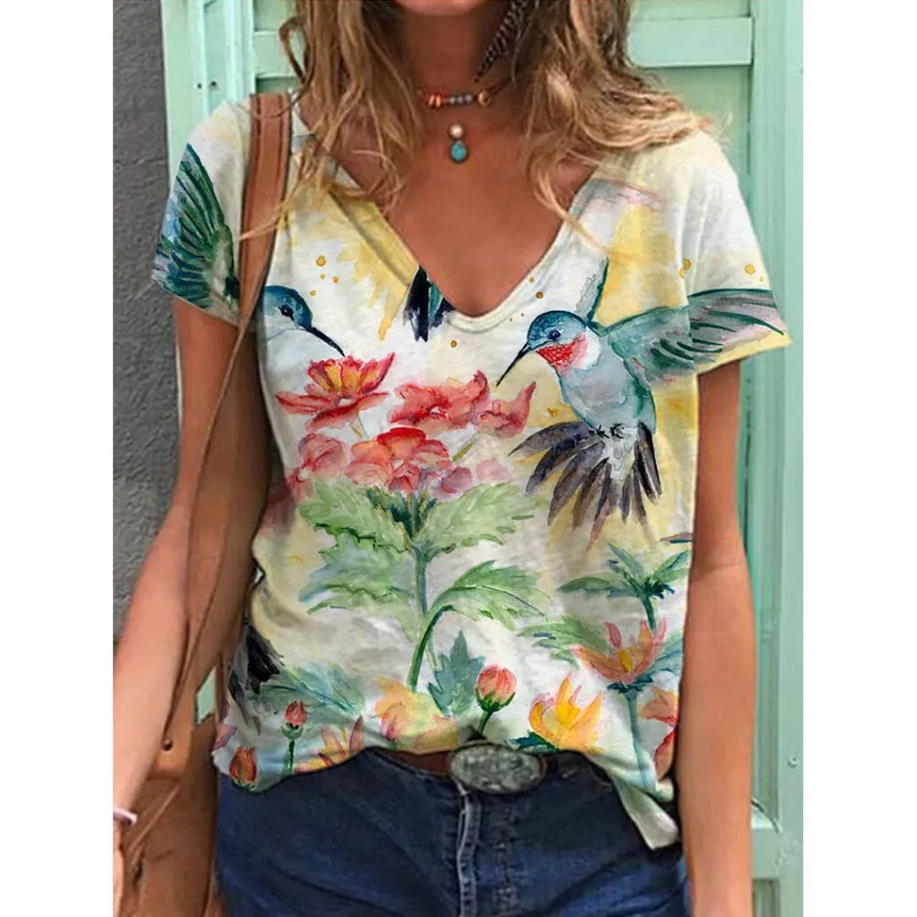 Women's Printed Short-sleeved T-shirt V-neck Loose Top - Style 3-S