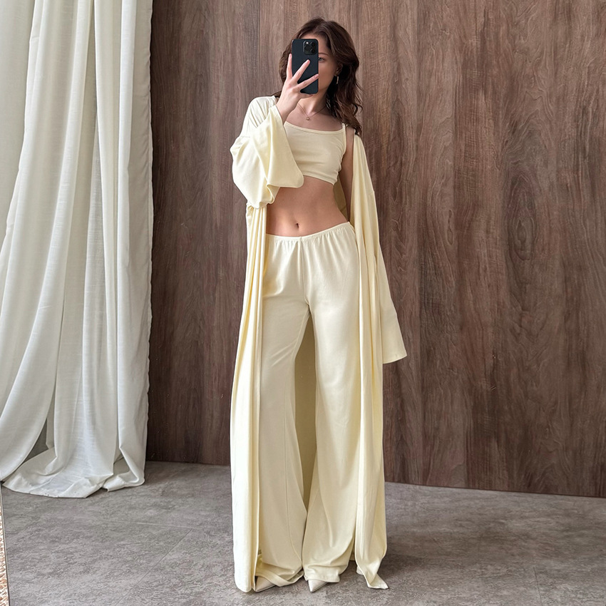 Long-sleeve Undershirt Long Pants And Knit Loungewear Set 3 Pieces