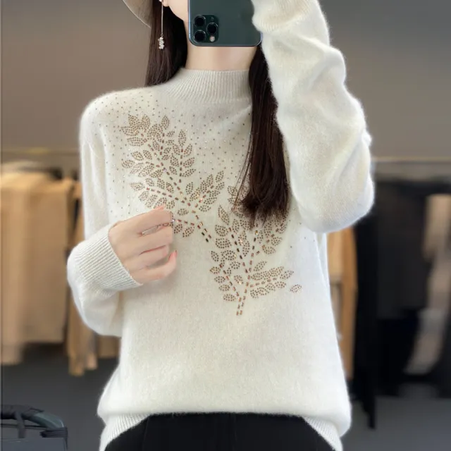 Women's Loose And Versatile Semi High Neck Knitted Sweater White - Shop at LoveMi