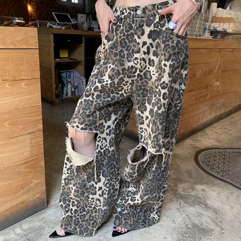American Vintage Leopard Print Printed High Waist Slimming Straight Pants Picture Color - Shop at LoveMi