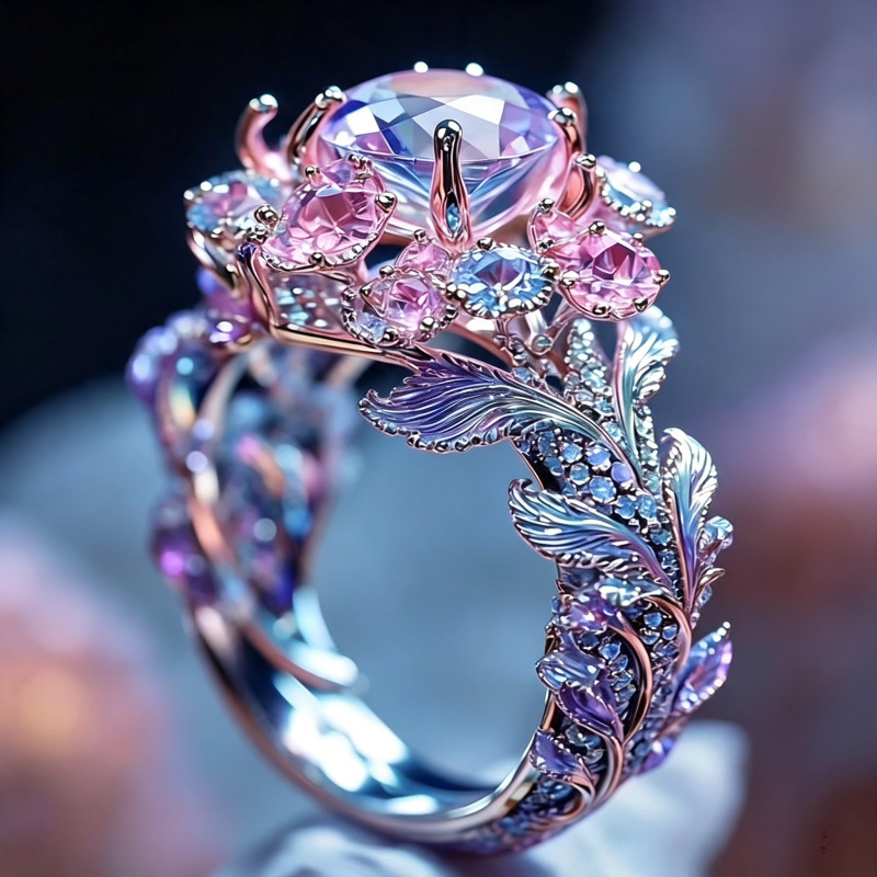 Heavy-industry Floral Design Ring With Zircon Inlays