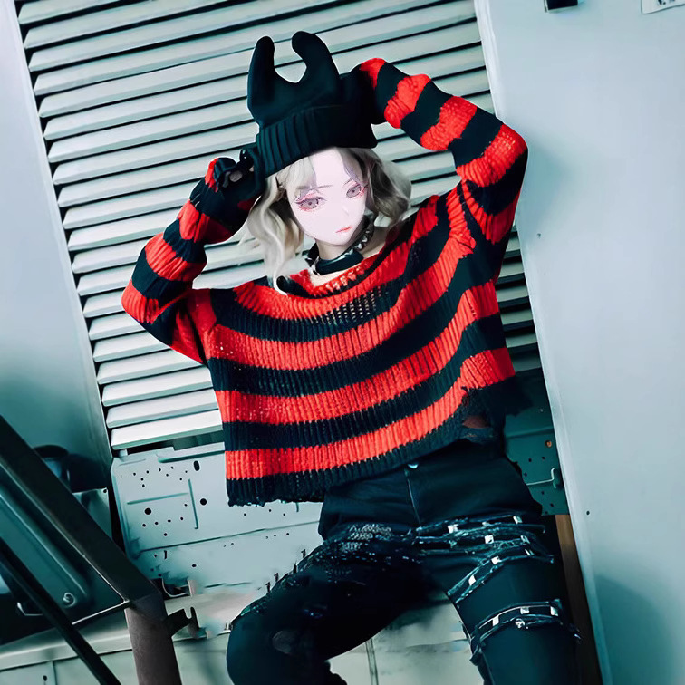 Womens Short Crew-neck Striped Pullover Knit Sweater