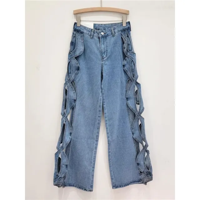 SpringSummer Side Stranded Braid Ripped Casual Straight Leg Wide Leg Denim Jeans Blue - Shop at LoveMi