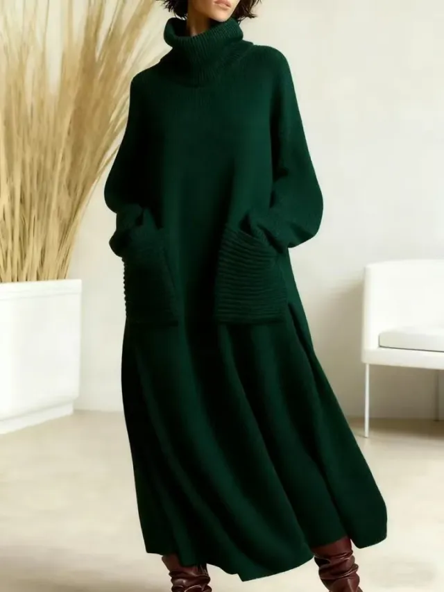 New High neck Polyester Knit Dress With A Relaxed Fit And Pockets Green - Shop at LoveMi