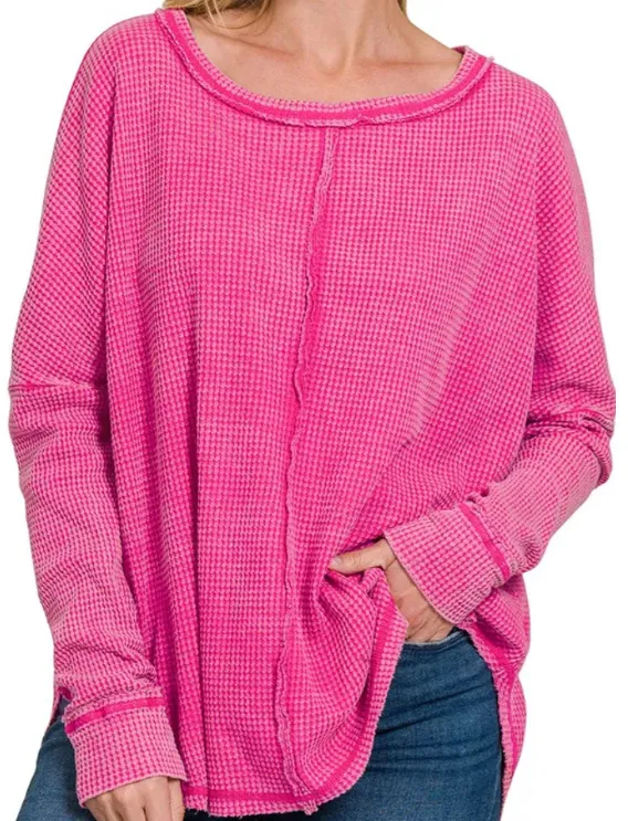 Women's Washed Waffle Back stitched Long sleeved Top Rose Red - Shop at LoveMi
