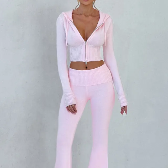 Women's Solid Color Slim Fit Short Hood Top Casual Pants Suit Pink - Shop at LoveMi
