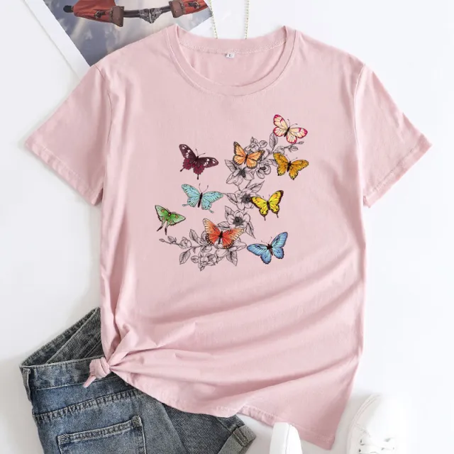Butterfly Print Love Cotton Short sleeved T shirt For Women Pink - Shop at LoveMi