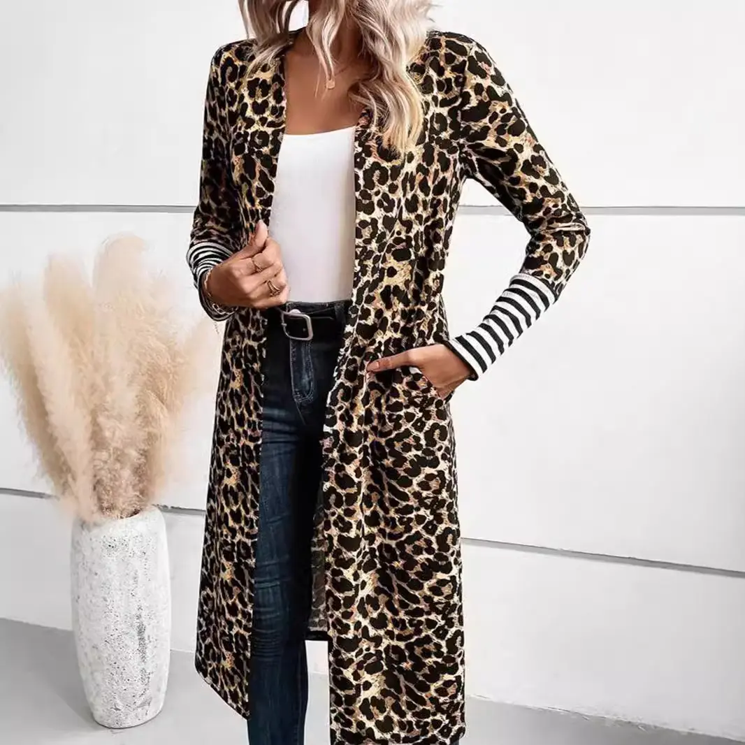 New Womens Leopard-print Striped Long-sleeve Cardigan Jacket