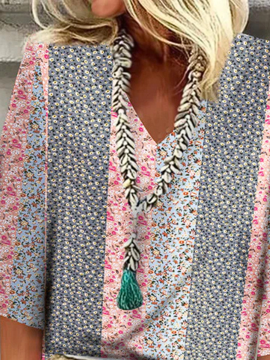 Ethnic Style V-neck Printed Women's Casual Shirt