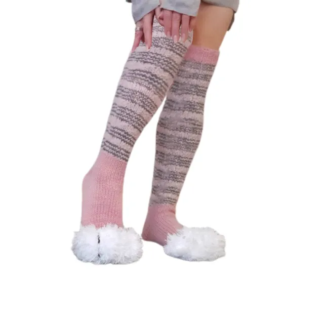 Knitted Striped Cat's Paw Over The Knee Stockings Pile Style Knitted Socks Pink - Shop at LoveMi