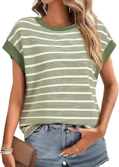 Women's Clothing Stylish Loose Round Neck Stripe Knitted T-shirt - Green - View 1