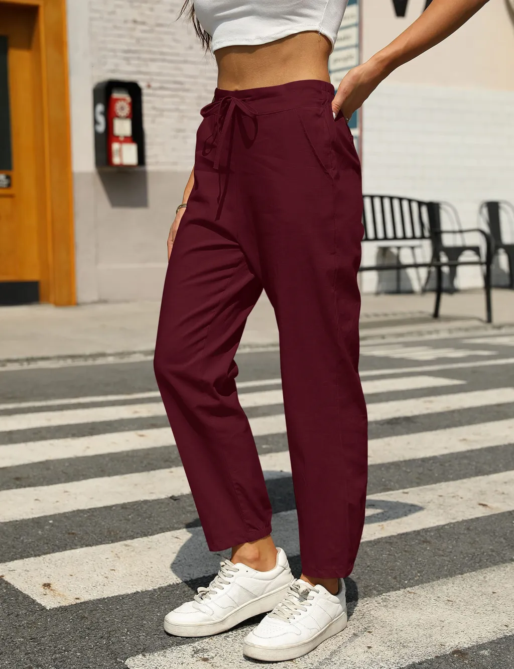 Women's New Casual Cotton And Linen Trousers - Wine