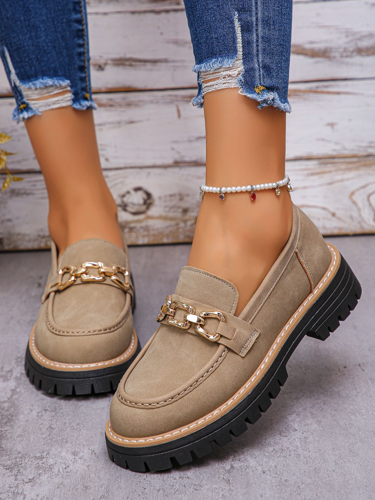 Khaki block heel shoes lifestyle photo