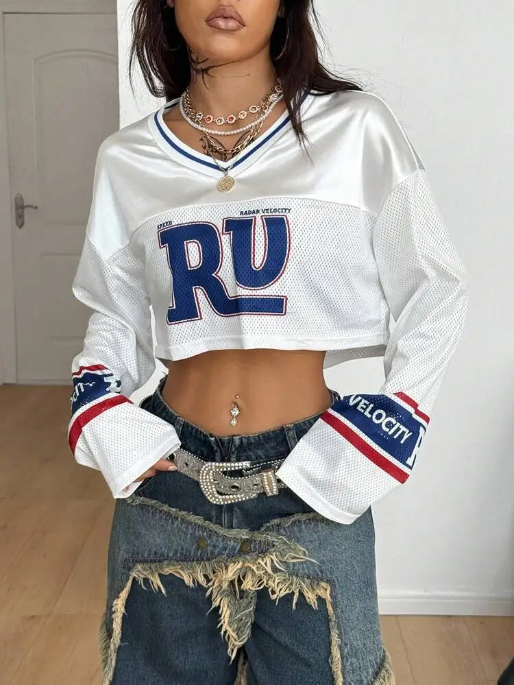 Digital Sportswear Women's Short-style Long-sleeve Top - White And Blue