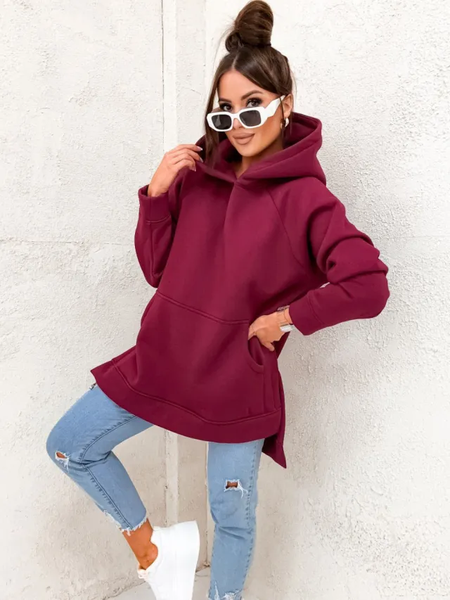 Women's Solid Color Hooded Casual Loose Sweater Wine - Shop at LoveMi