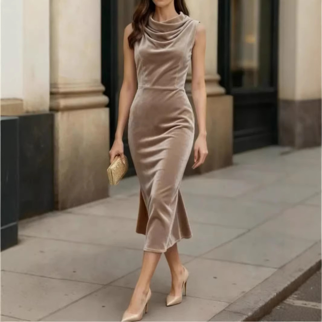 Womens Knitted Sleeveless Velvet Bodycon Dress
