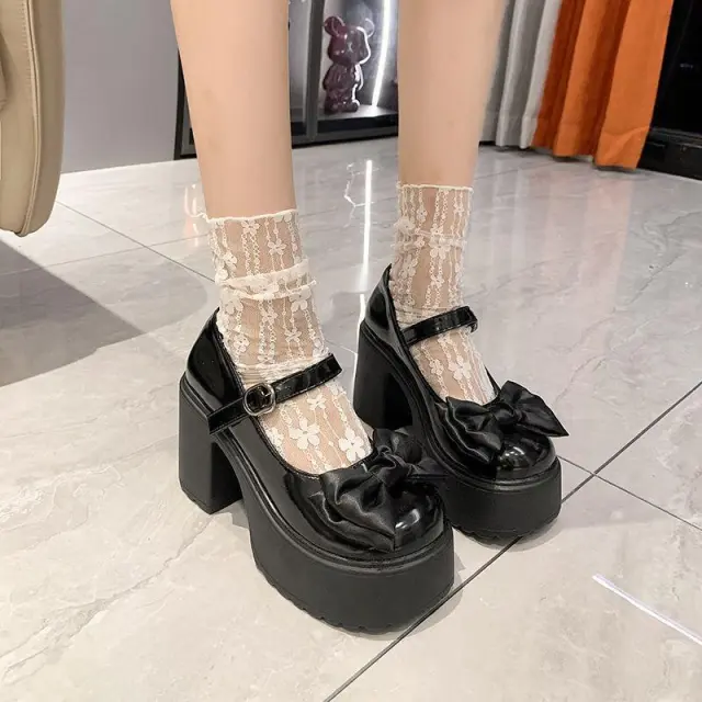 Bow High Heel Leather Shoes Women's Chunky Heel Shoes Black - Shop at LoveMi