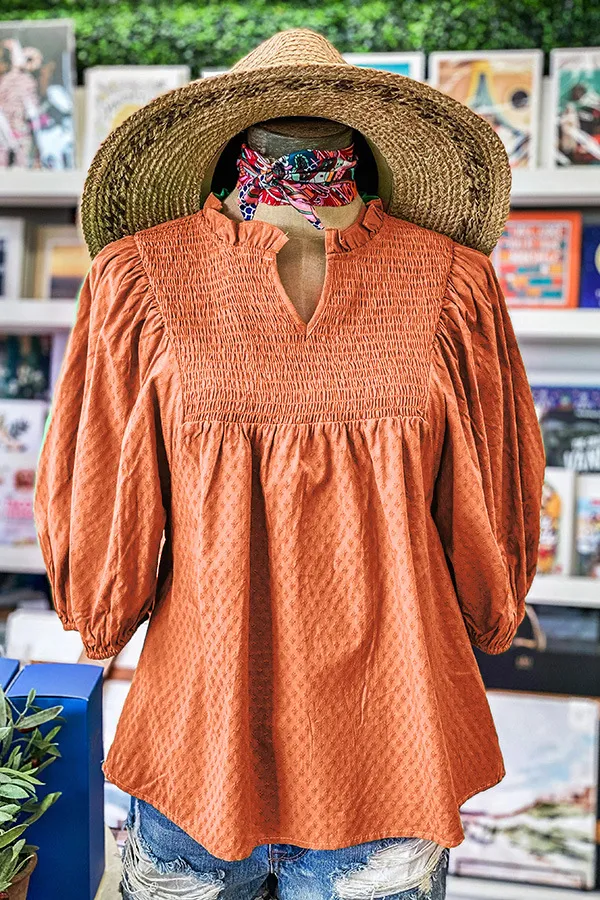 Bell Sleeve Gathers Cotton V neck Gathers T shirt Orange - Shop at LoveMi