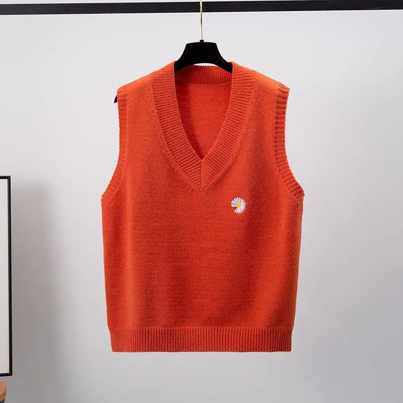 Loose V-neck Short Sleeveless Waistcoat Sweater Outer Wear Knitted Vest - Orange