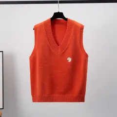 Loose V-neck Short Sleeveless Waistcoat Sweater Outer Wear Knitted Vest - Orange - View 1