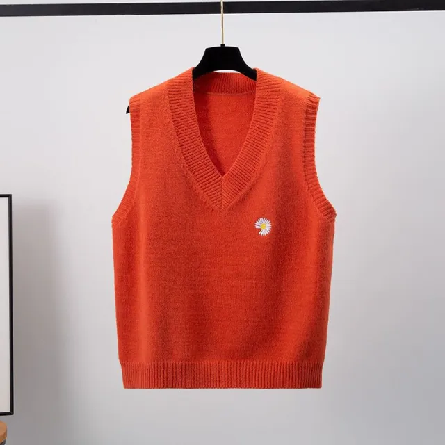 Loose V neck Short Sleeveless Waistcoat Sweater Outer Wear Knitted Vest Orange - Shop at LoveMi