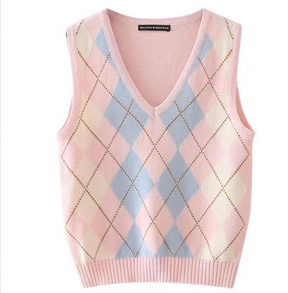 Retro Preppy Style Versatile Diamond-Check BM Knitted Vest