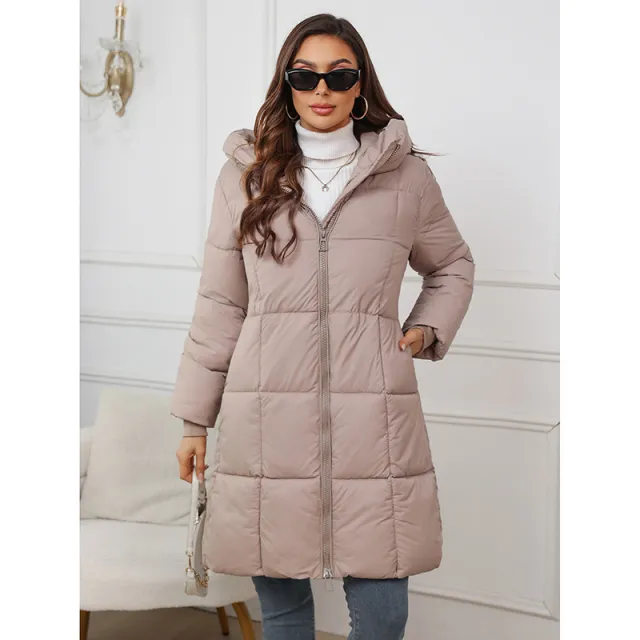Mid length Thickened Upgraded Plus Size Fashion Casual Hooded Pure Color Cotton Clothing Coat For Women Khaki - Shop at LoveMi