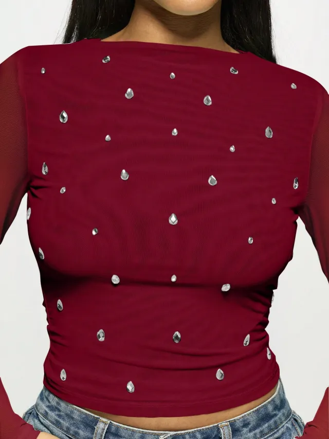 Long Sleeve Double layer Mesh Rhinestone Fashion Women's Western Style Bottoming Wine Red - Shop at LoveMi