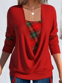 Printed Solid Colour Long-sleeved Women's Large Drop Collar Loose Pleating Fake Two-piece Top - A Red - View 1